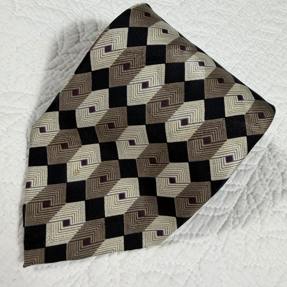 Di Maggio Silk Necktie Mens Black Taupe Geometric Diamond Handmade 57"x4"